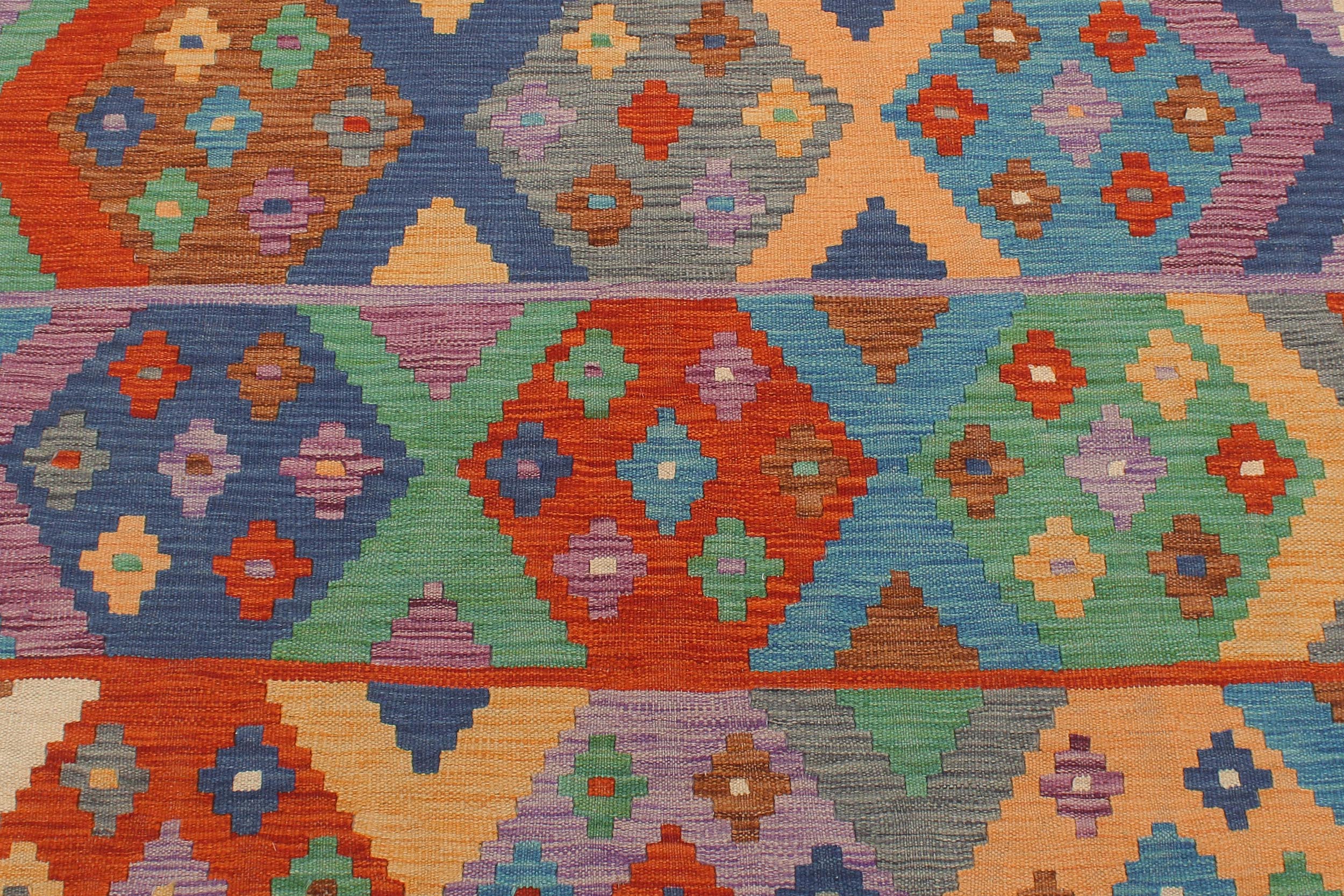 handmade Geometric Kilim Blue Beige Hand-Woven RECTANGLE 100% WOOL area rug 6 x 8