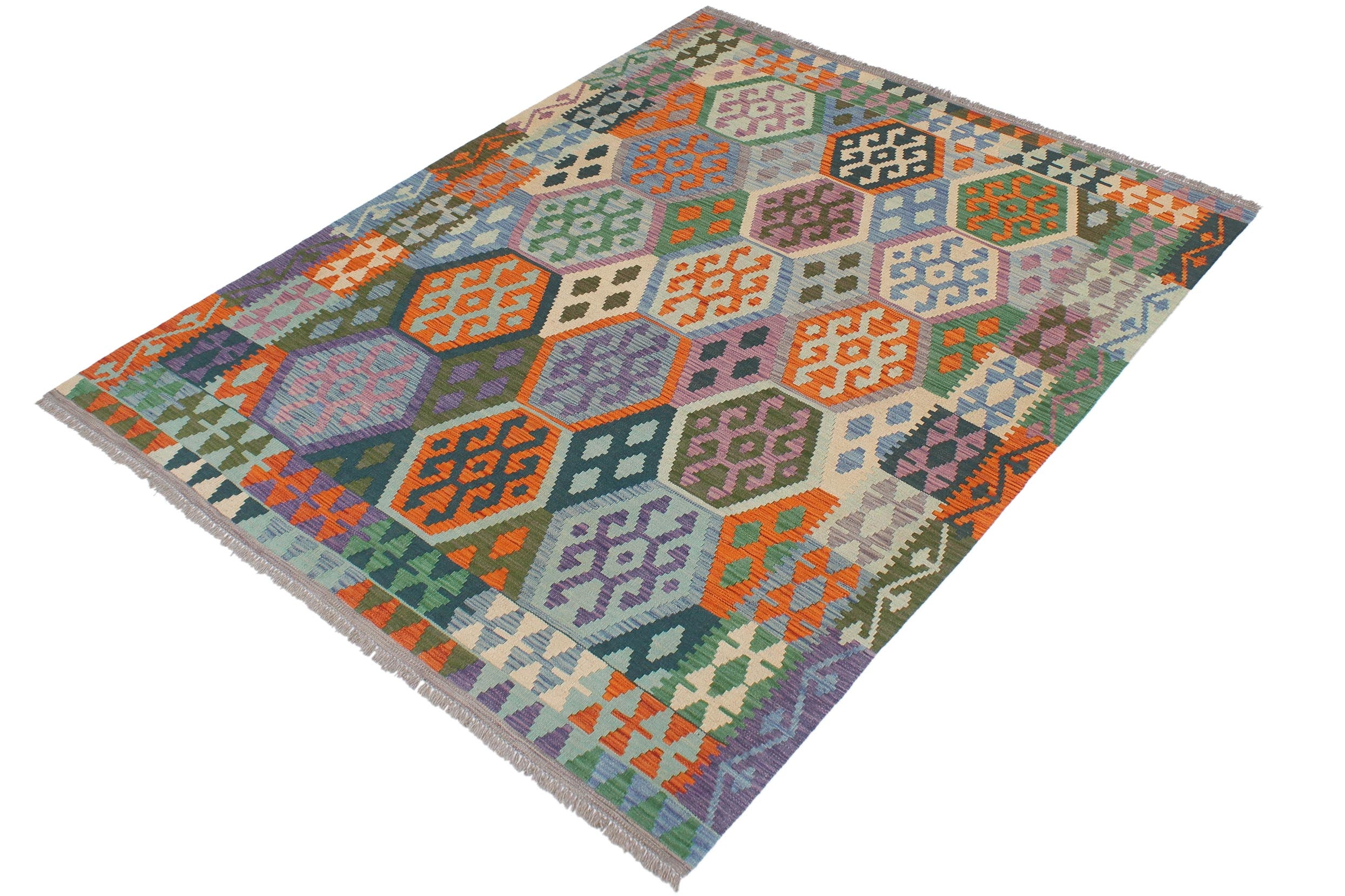handmade Geometric Kilim Blue Beige Hand-Woven RECTANGLE 100% WOOL area rug 5x6