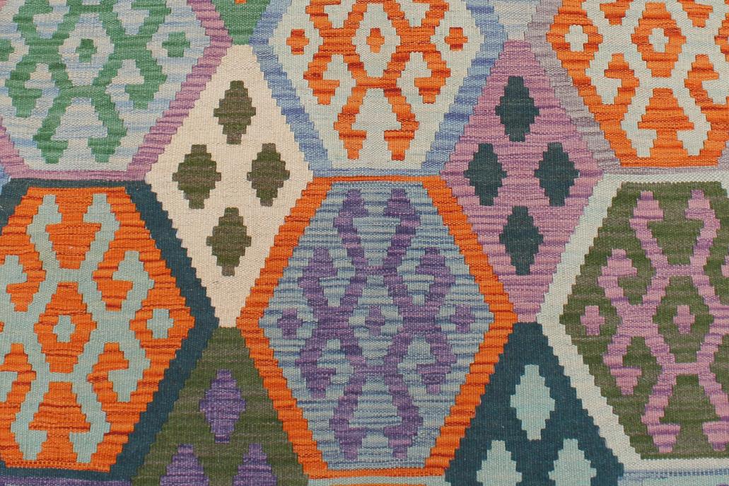 Flat Weave Kilim Antique Navaho Vintage handmade Geometric Kilim Blue Beige Hand-Woven Rectangle 100% Wool Area Rug 5x6 