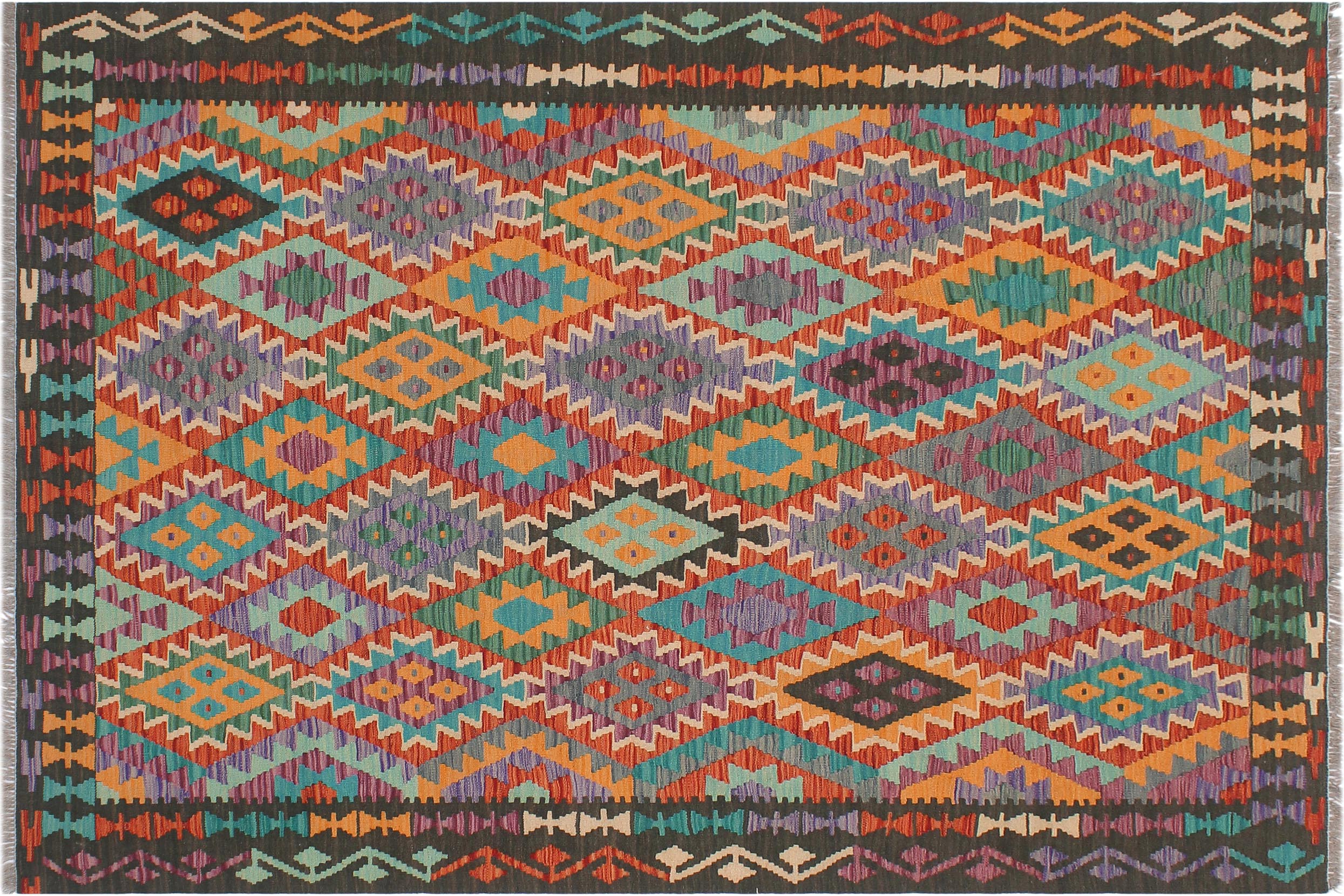 handmade Geometric Kilim Rust Green Hand-Woven RECTANGLE 100% WOOL area rug 5x6