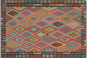 5x6 hand woven Turkish Kilim wool rug in rust and green - Ethnic Soto
