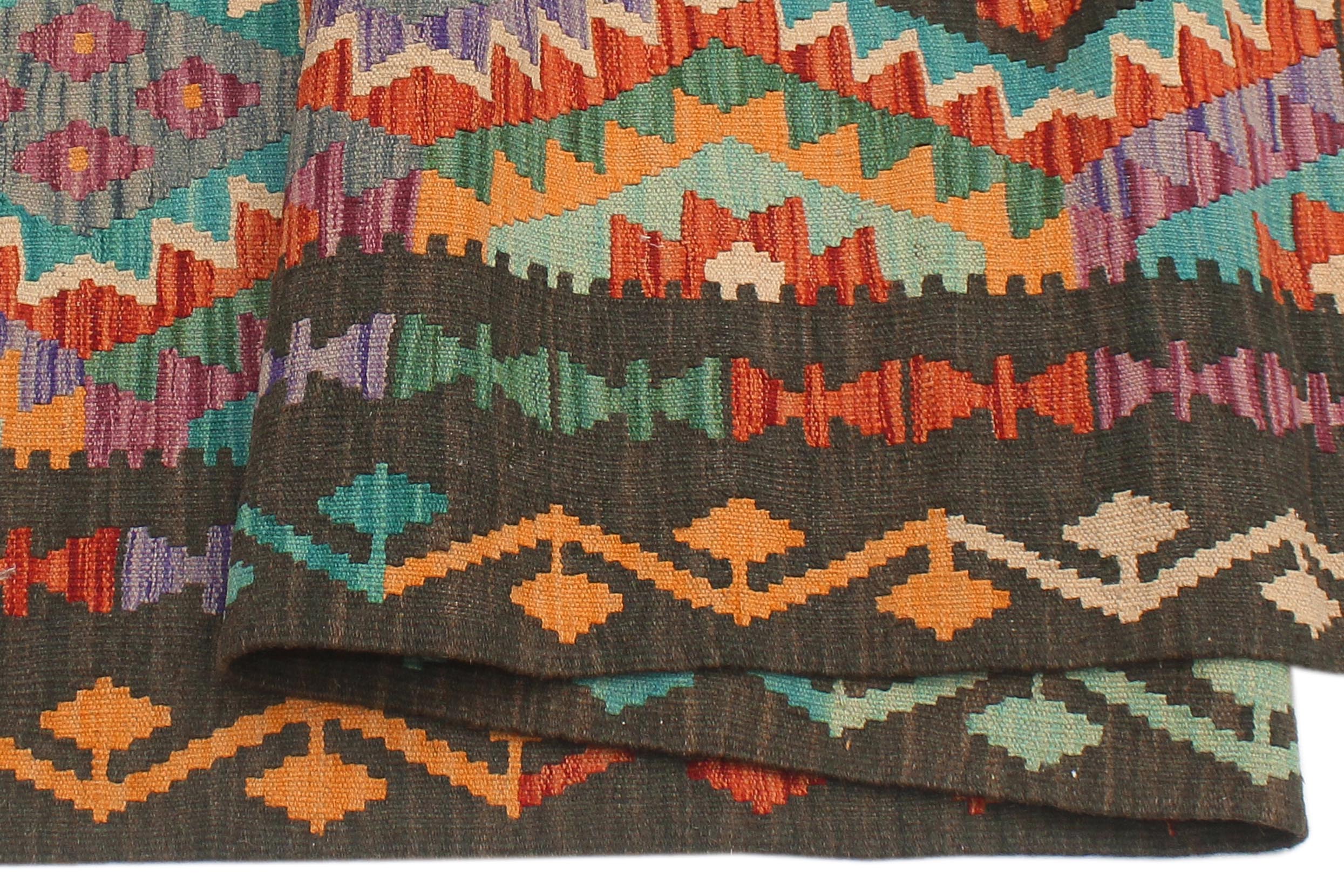 handmade Geometric Kilim Rust Green Hand-Woven RECTANGLE 100% WOOL area rug 5x6