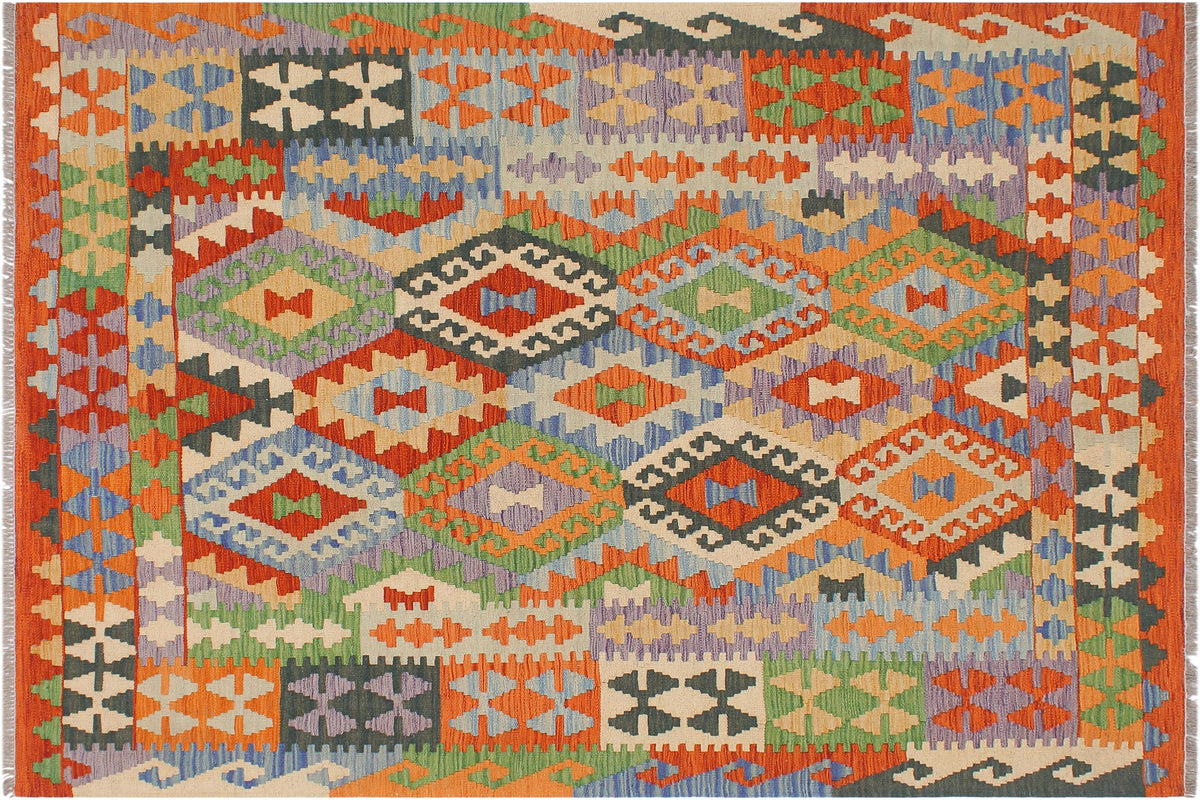5x6 hand woven Turkish Kilim wool rug in rust and blue - Chic Londa
