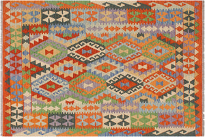 5x6 hand woven Turkish Kilim wool rug in rust and blue - Chic Londa