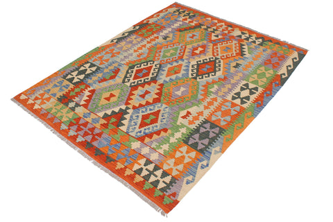 handmade Geometric Kilim Rust Blue Hand-Woven RECTANGLE 100% WOOL area rug 5x6