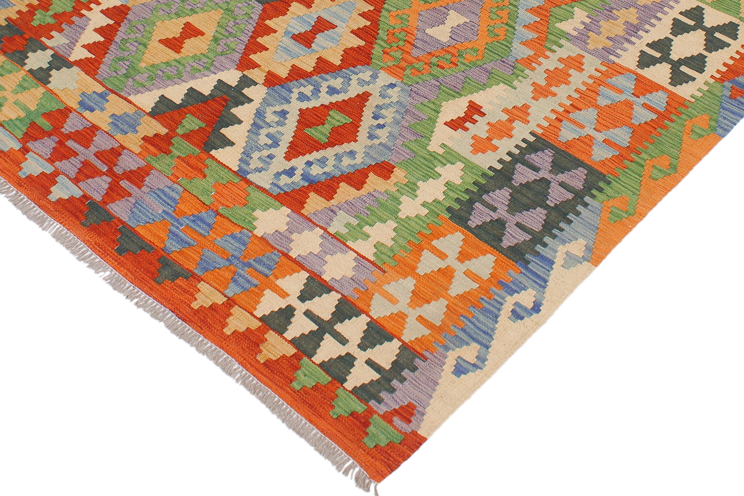 handmade Geometric Kilim Rust Blue Hand-Woven RECTANGLE 100% WOOL area rug 5x6