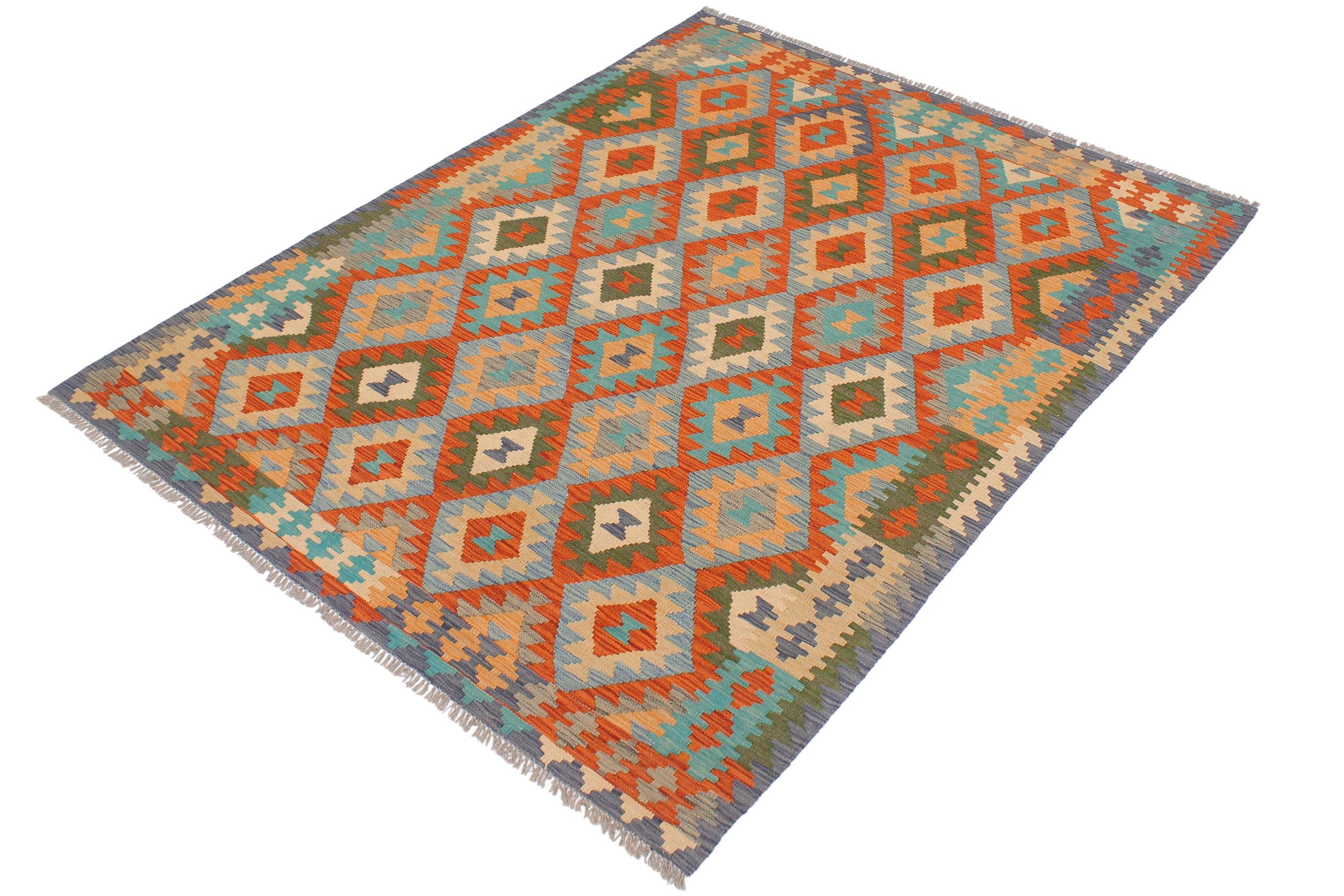 handmade Geometric Kilim Rust Blue Hand-Woven RECTANGLE 100% WOOL area rug 5 x 7