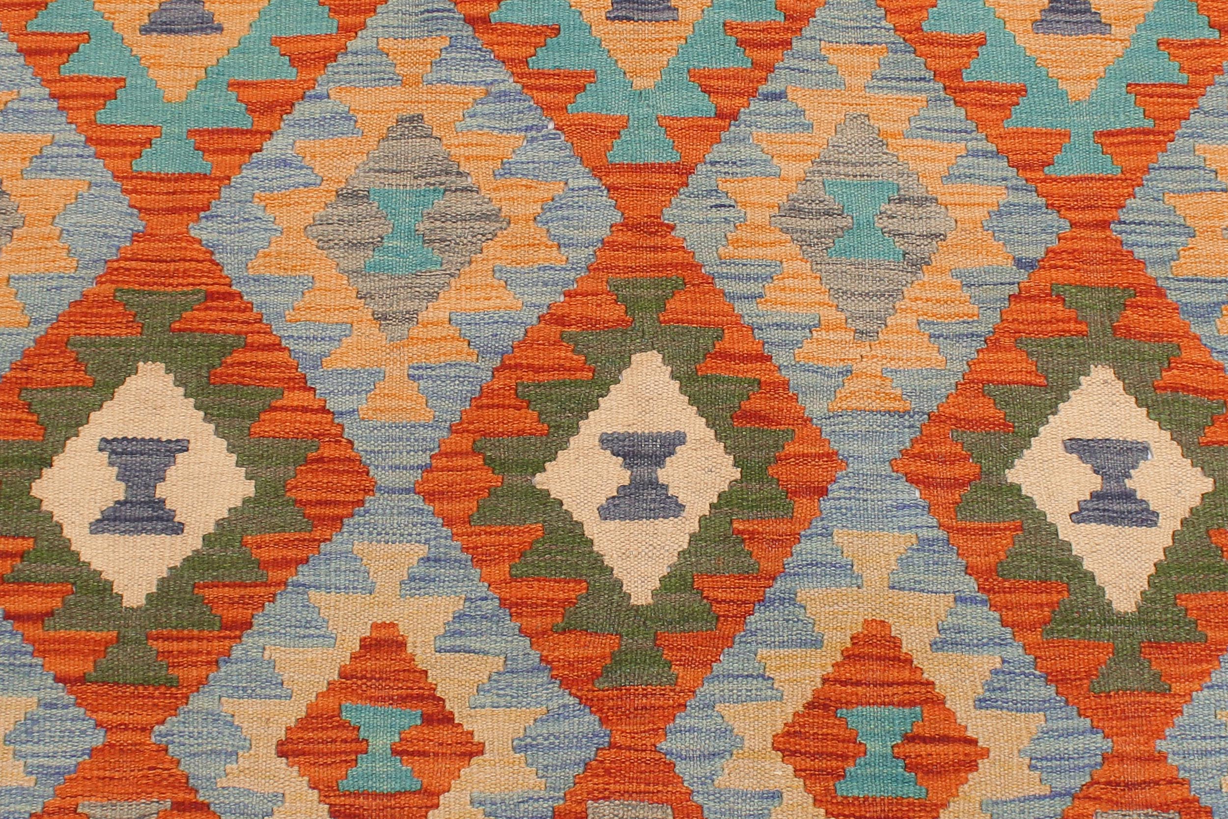 handmade Geometric Kilim Rust Blue Hand-Woven RECTANGLE 100% WOOL area rug 5 x 7