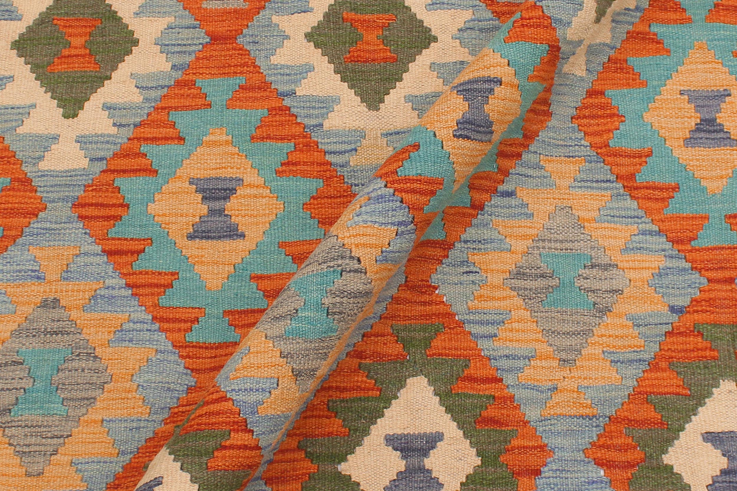 handmade Geometric Kilim Rust Blue Hand-Woven RECTANGLE 100% WOOL area rug 5 x 7