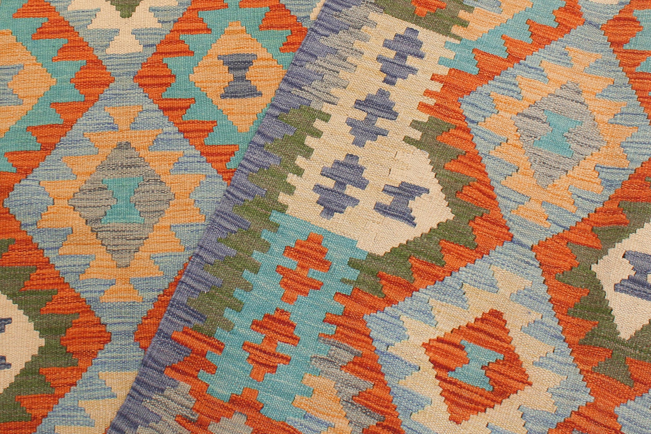 handmade Geometric Kilim Rust Blue Hand-Woven RECTANGLE 100% WOOL area rug 5 x 7