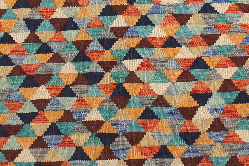 Flat Weave Kilim Antique Navaho Vintage handmade Modern Kilim Blue Rust Hand-Woven Rectangle 100% Wool Area Rug 5x6 