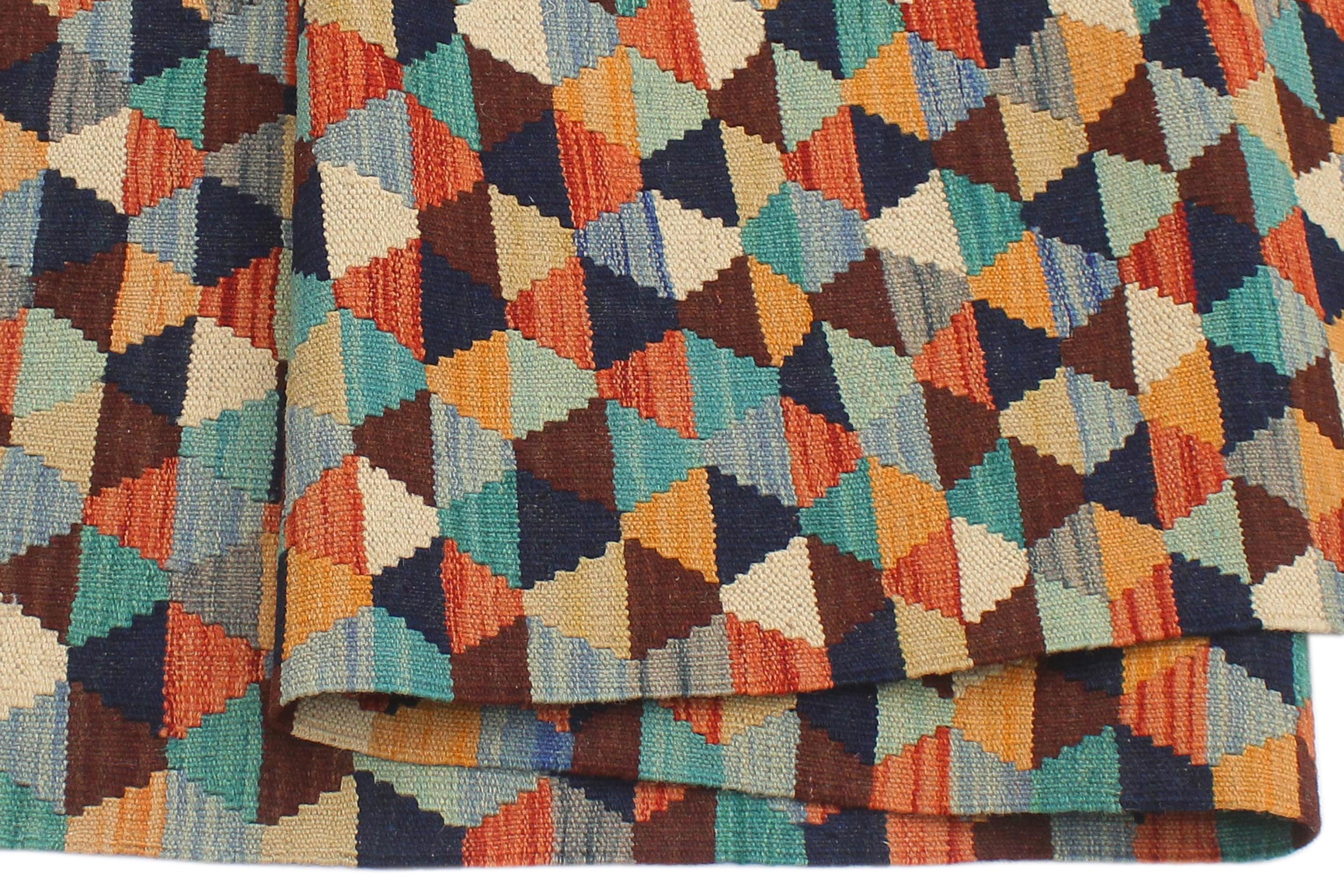 handmade Modern Kilim Blue Rust Hand-Woven RECTANGLE 100% WOOL area rug 5 x 6