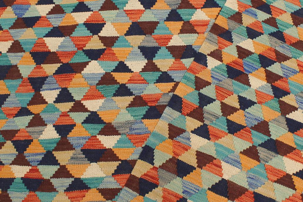 Flat Weave Kilim Antique Navaho Vintage handmade Modern Kilim Blue Rust Hand-Woven Rectangle 100% Wool Area Rug 5x6 