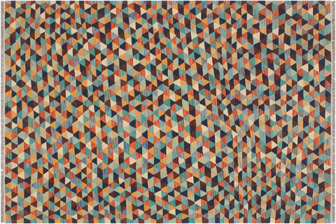 handmade Modern Kilim Blue Rust Hand-Woven RECTANGLE 100% WOOL area rug 5 x 6