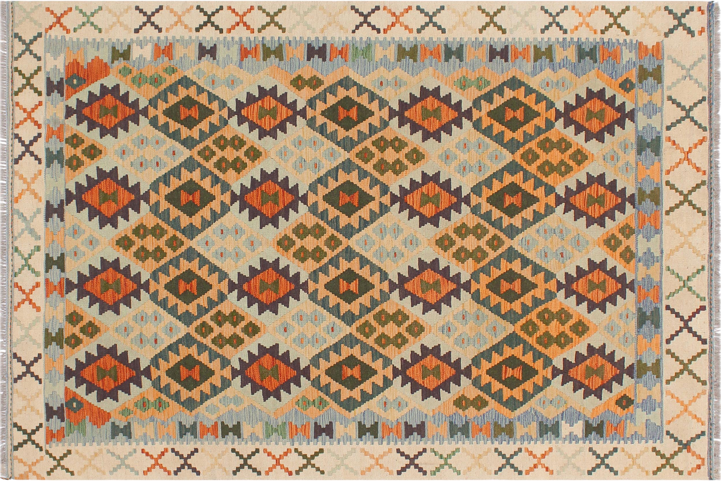 handmade Geometric Kilim Blue Beige Hand-Woven RECTANGLE 100% WOOL area rug 5 x 7