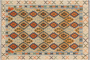 handmade Geometric Kilim Blue Beige Hand-Woven RECTANGLE 100% WOOL area rug 5 x 7