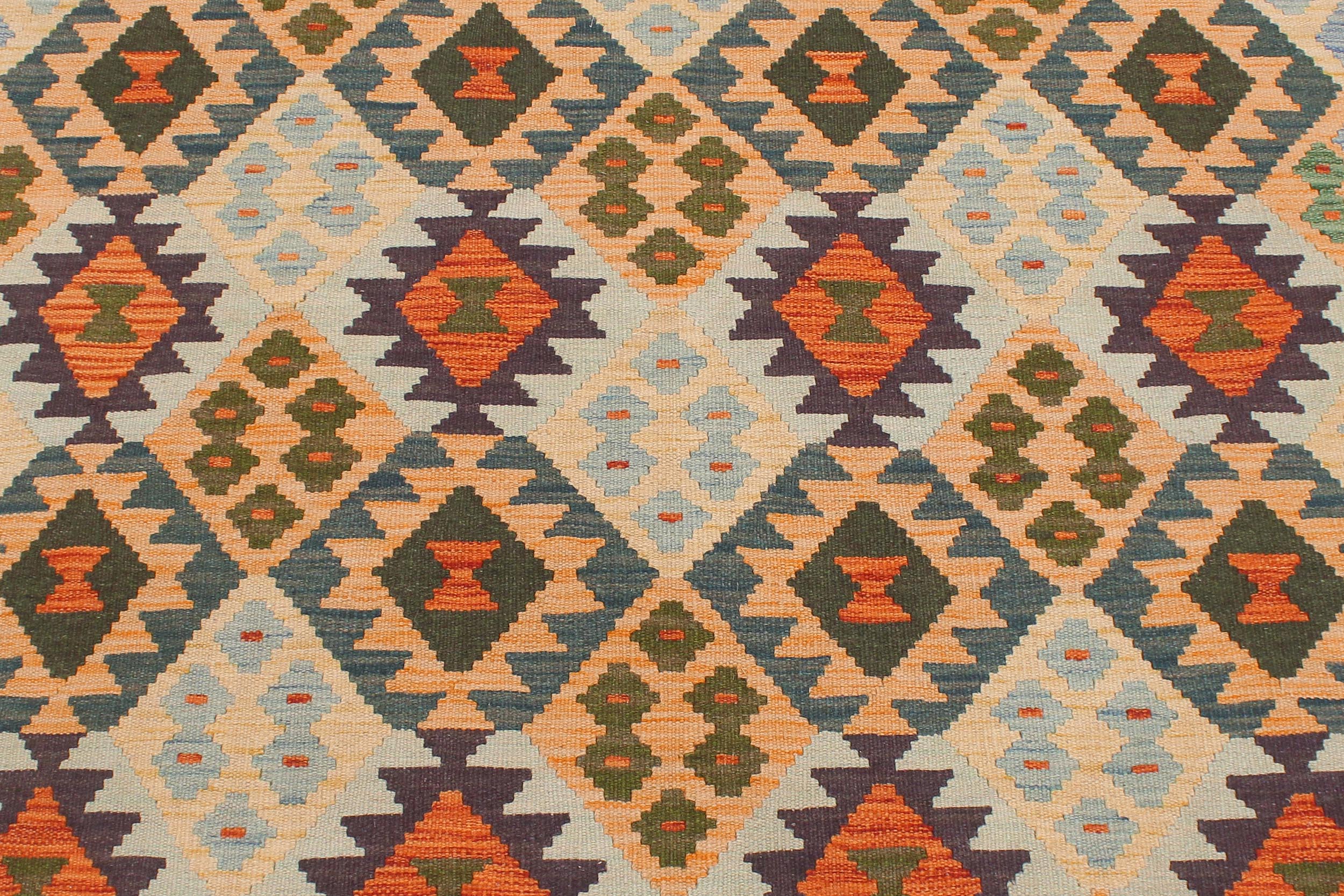 handmade Geometric Kilim Blue Beige Hand-Woven RECTANGLE 100% WOOL area rug 5 x 7