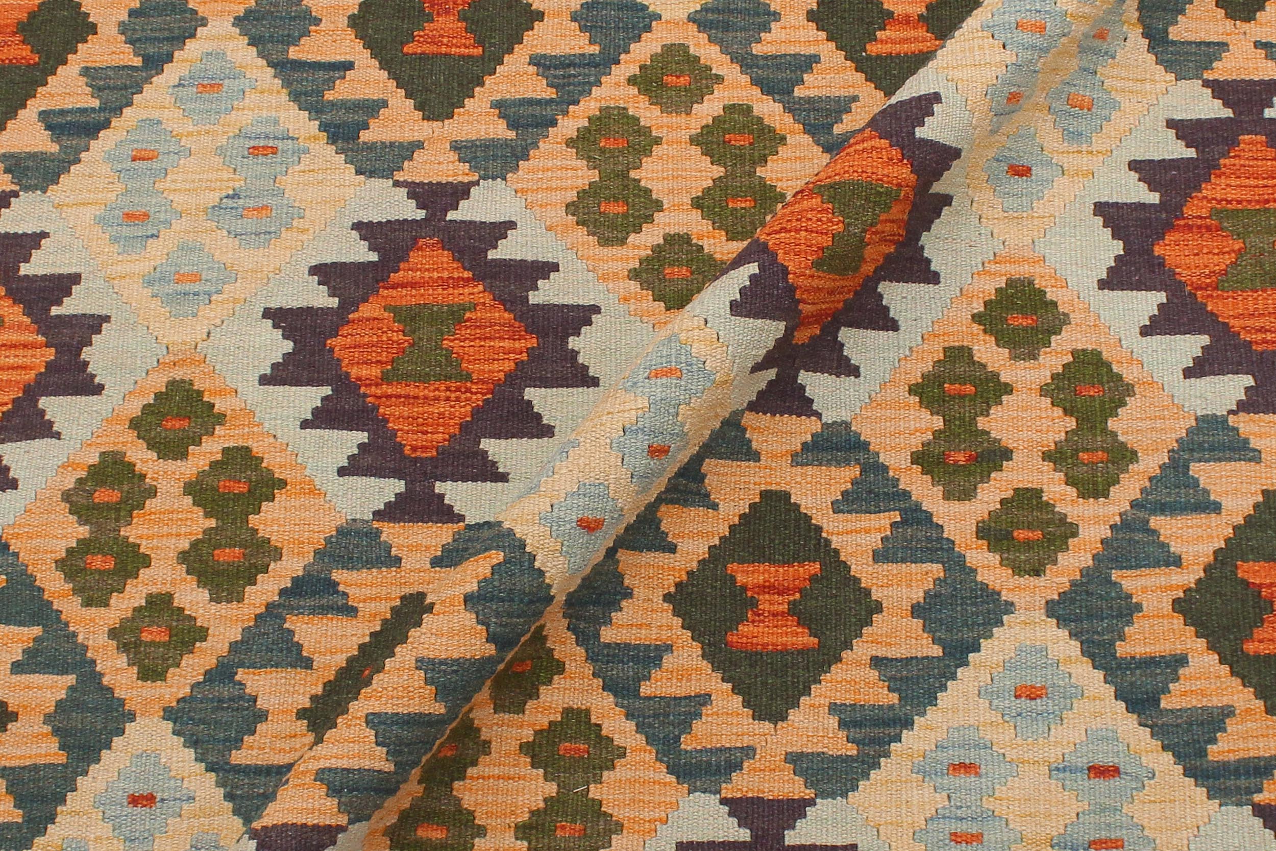 handmade Geometric Kilim Blue Beige Hand-Woven RECTANGLE 100% WOOL area rug 5 x 7