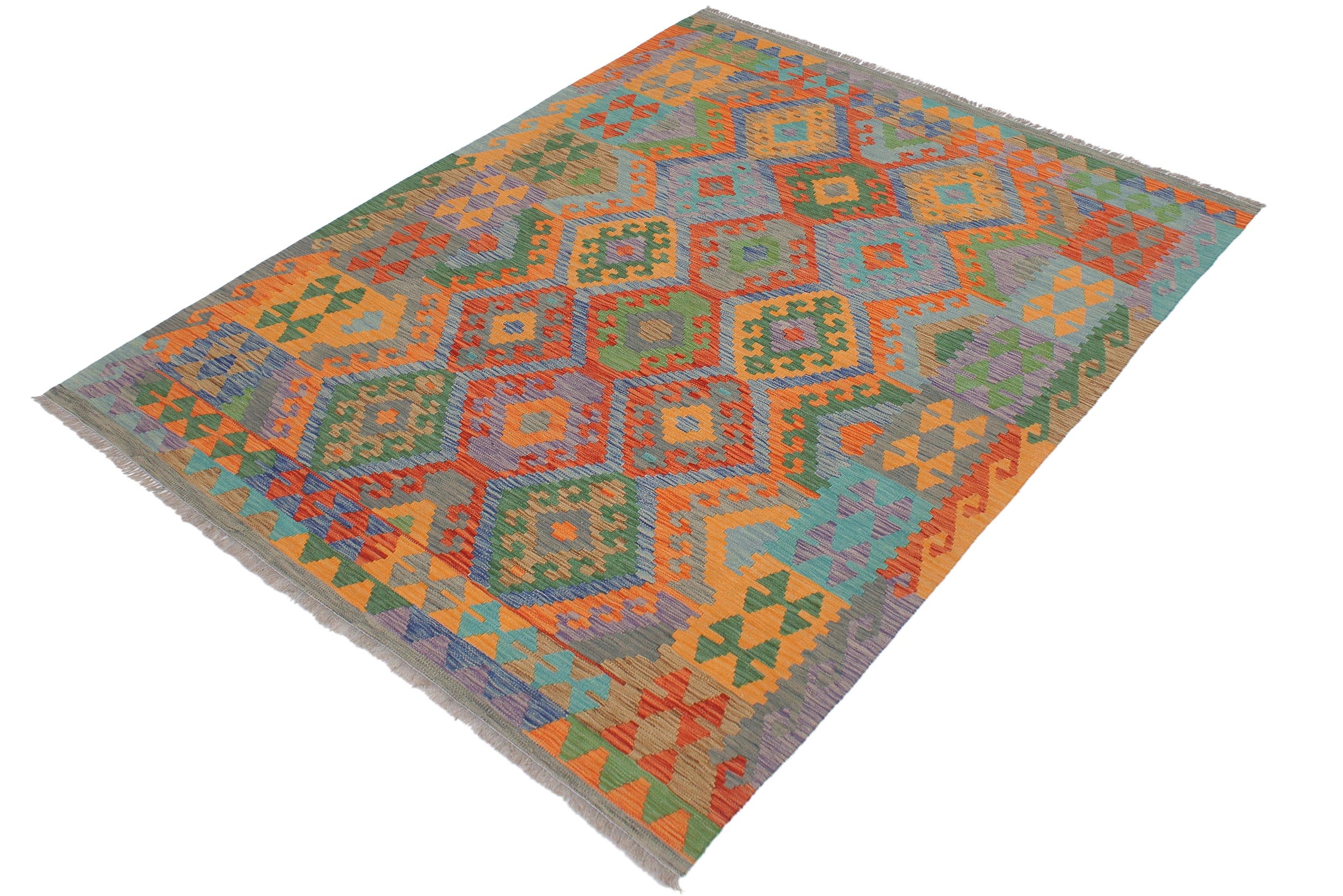 handmade Geometric Kilim Blue Gray Hand-Woven RECTANGLE 100% WOOL area rug 5 x 7