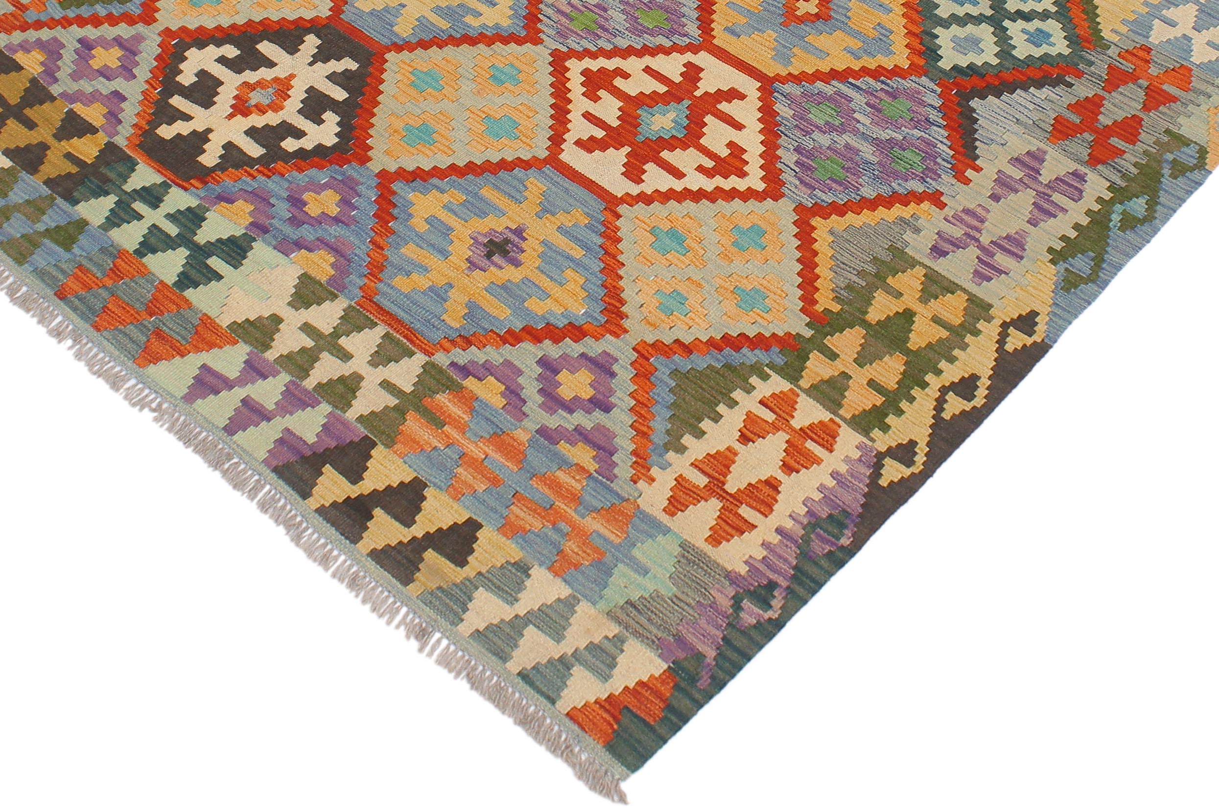 handmade Geometric Kilim Rust Blue Hand-Woven RECTANGLE 100% WOOL area rug 5x6