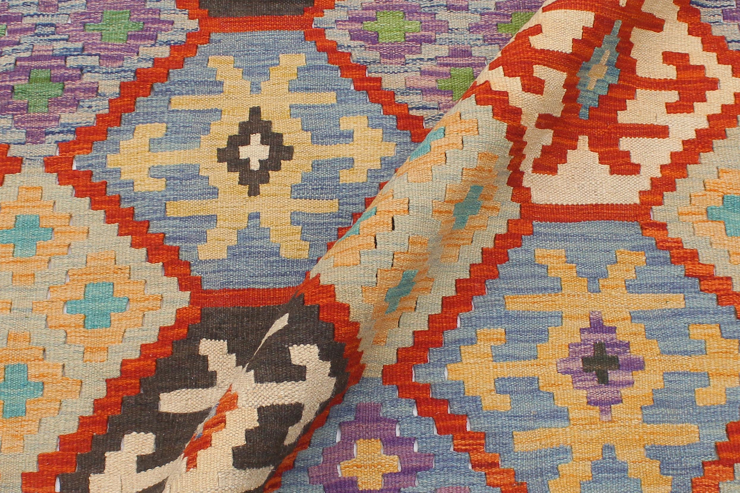 handmade Geometric Kilim Rust Blue Hand-Woven RECTANGLE 100% WOOL area rug 5x6