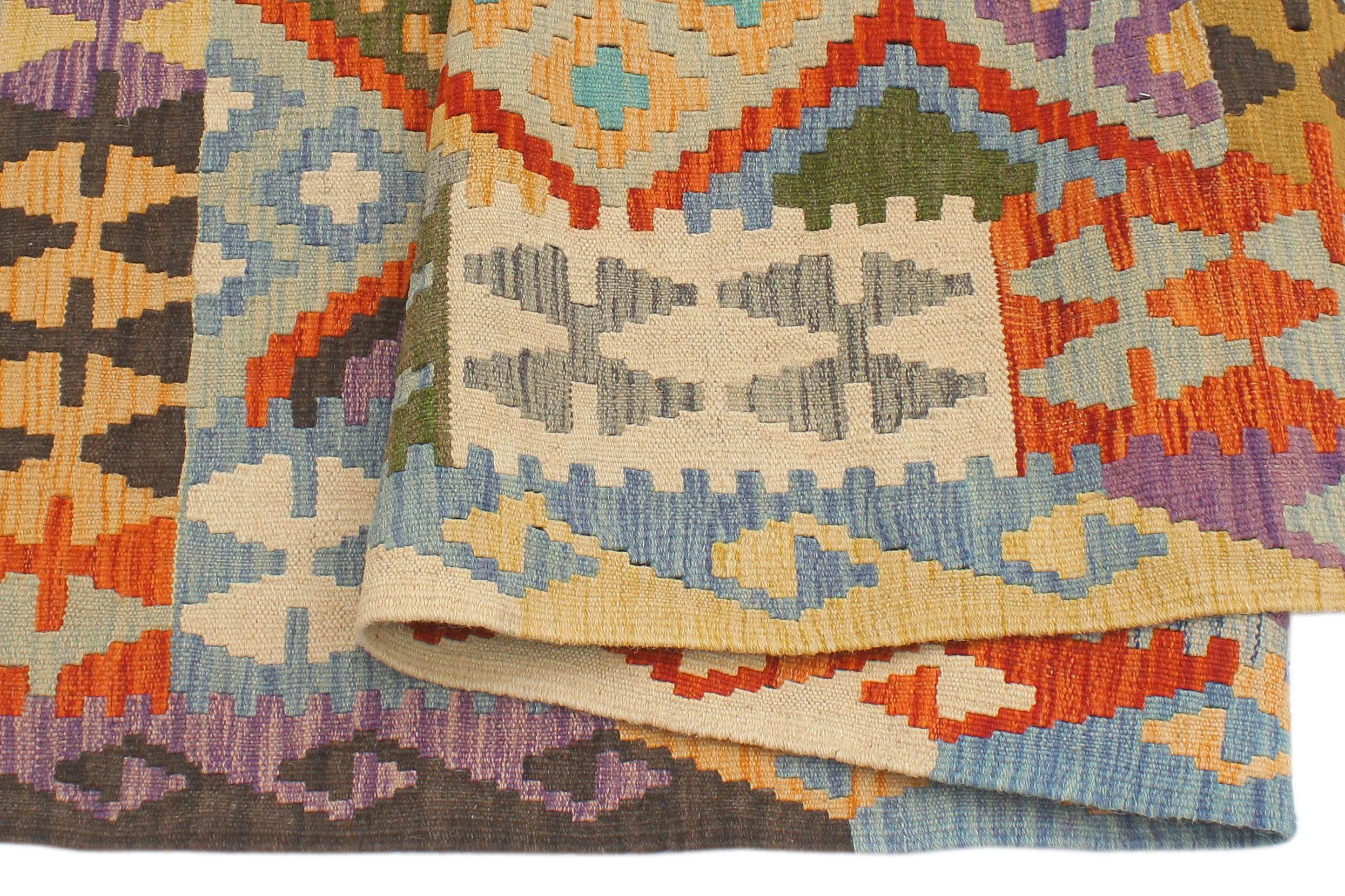 handmade Geometric Kilim Rust Blue Hand-Woven RECTANGLE 100% WOOL area rug 5x6
