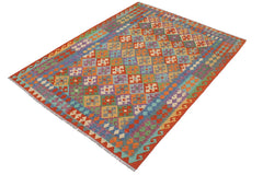 Flat Weave Kilim Antique Navaho Vintage handmade Geometric Kilim Rust Blue Hand-Woven Rectangle 100% Wool Area Rug 6x8 