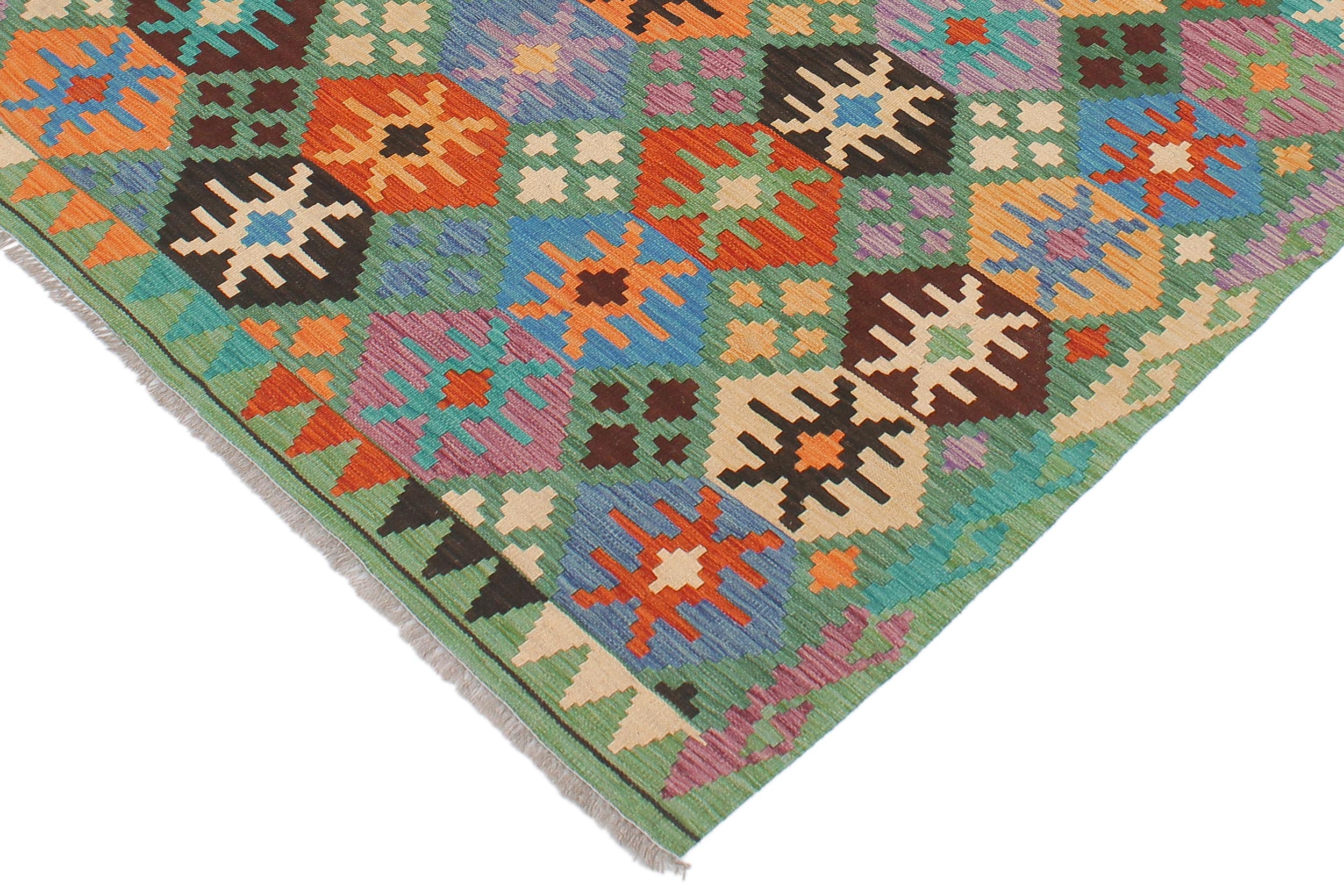 handmade Geometric Kilim Green Blue Hand-Woven RECTANGLE 100% WOOL area rug 5 x 7