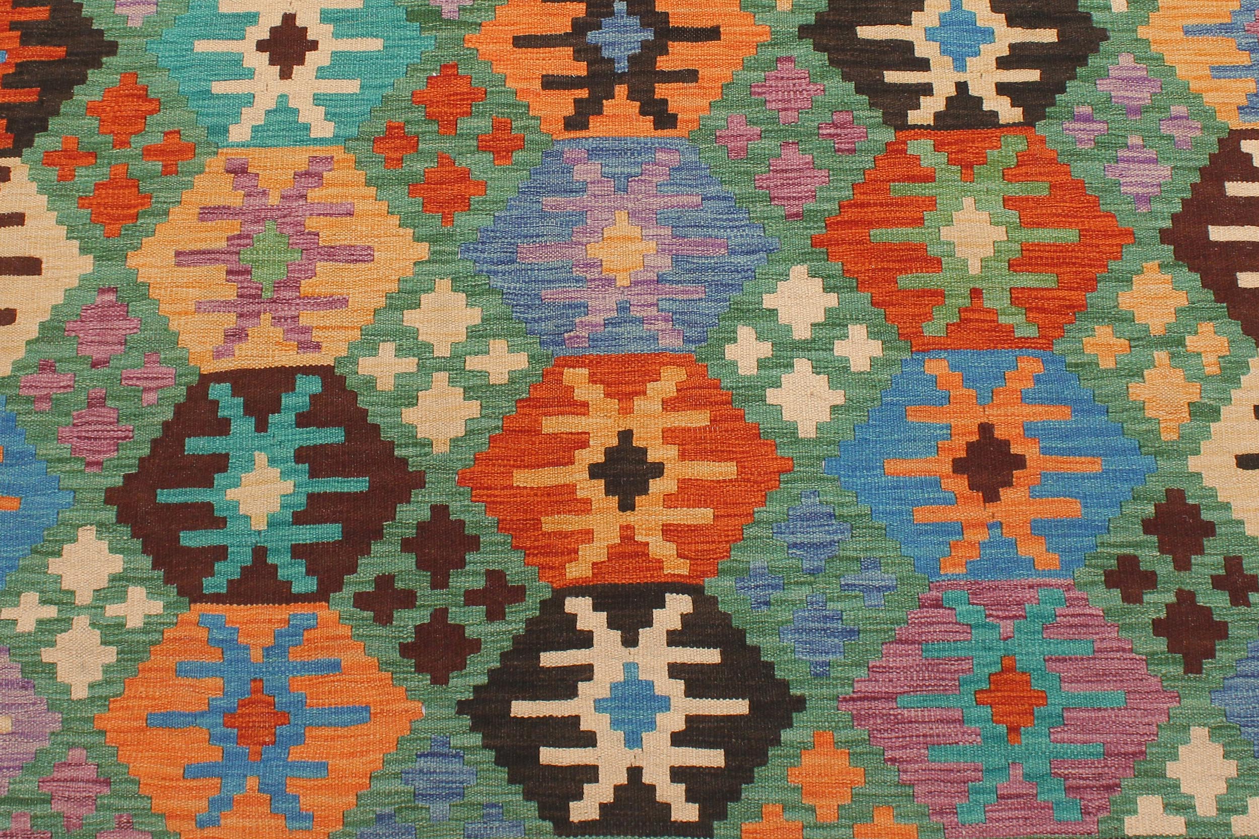 handmade Geometric Kilim Green Blue Hand-Woven RECTANGLE 100% WOOL area rug 5 x 7