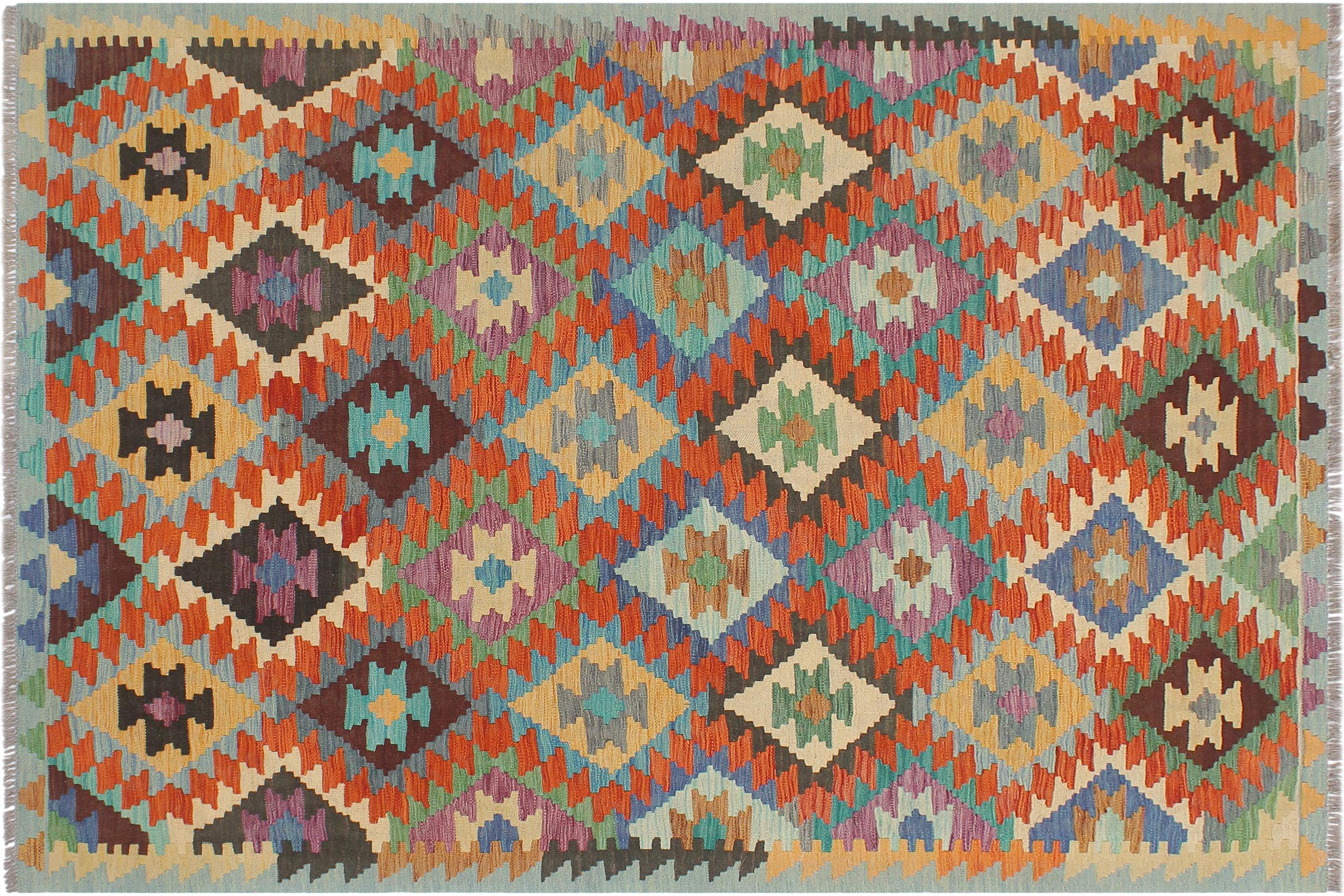 handmade Geometric Kilim Rust Blue Hand-Woven RECTANGLE 100% WOOL area rug 5x6