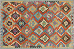 5x6 hand woven Turkish Kilim wool rug in rust and blue - Ethnic Clementi