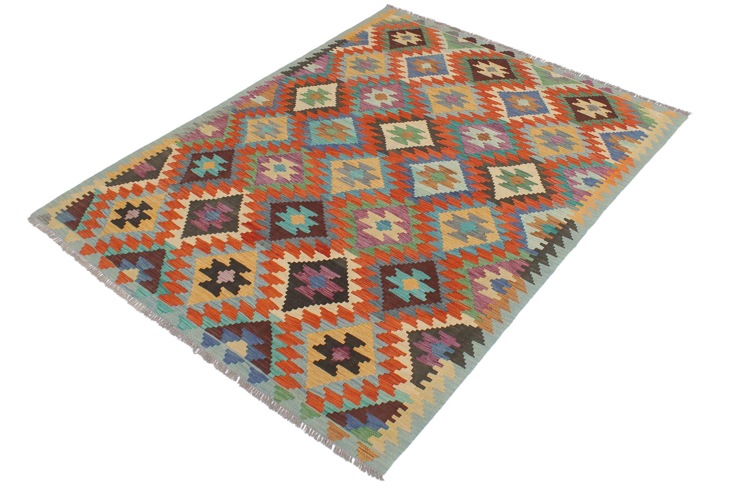handmade Geometric Kilim Rust Blue Hand-Woven RECTANGLE 100% WOOL area rug 5x6