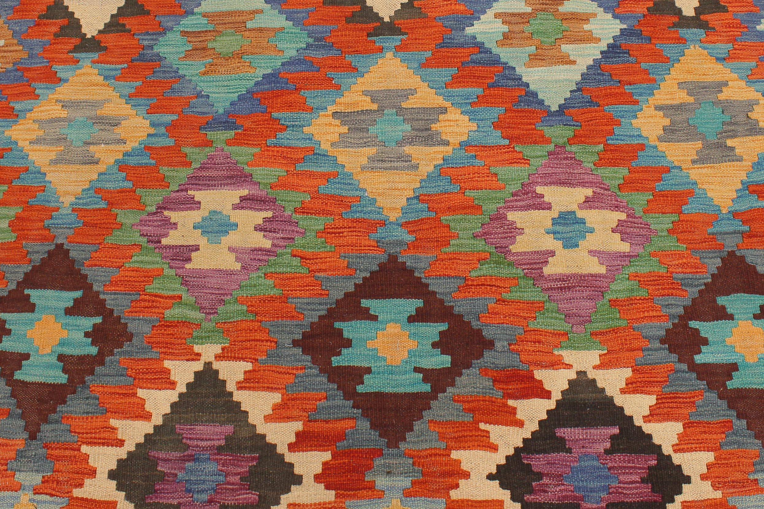 handmade Geometric Kilim Rust Blue Hand-Woven RECTANGLE 100% WOOL area rug 5x6