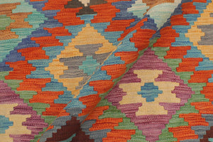 handmade Geometric Kilim Rust Blue Hand-Woven RECTANGLE 100% WOOL area rug 5x6