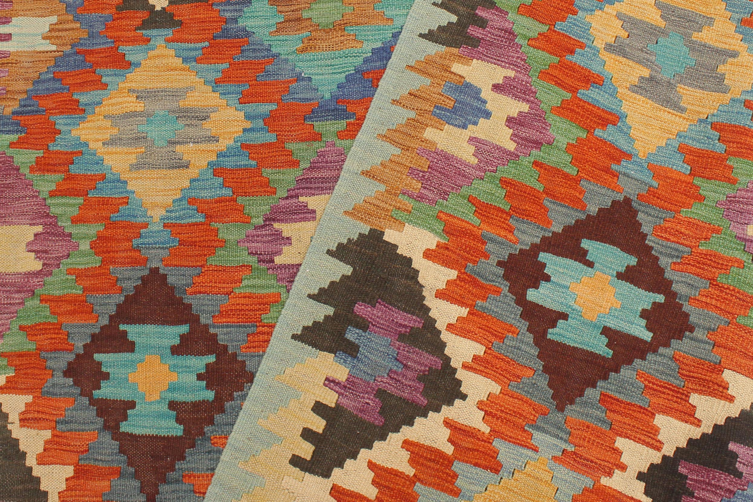 handmade Geometric Kilim Rust Blue Hand-Woven RECTANGLE 100% WOOL area rug 5x6