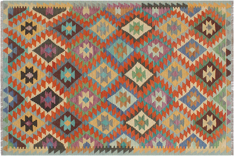 handmade Geometric Kilim Rust Blue Hand-Woven RECTANGLE 100% WOOL area rug 5x6