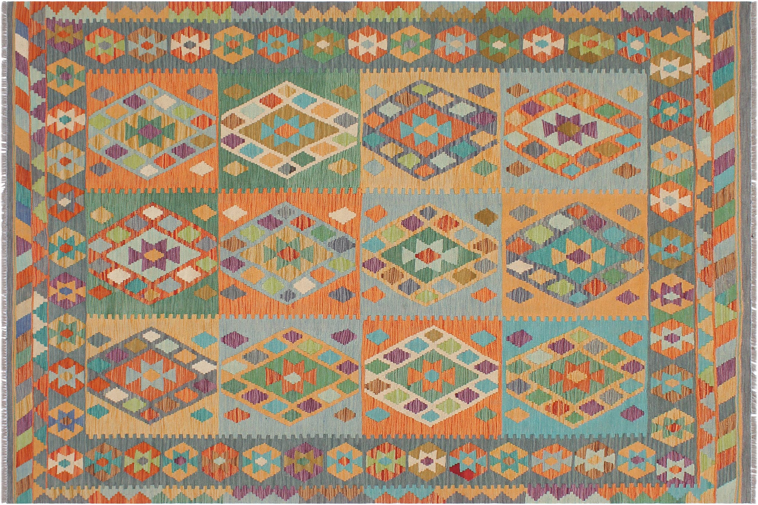 handmade Geometric Kilim Rust Blue Hand-Woven RECTANGLE 100% WOOL area rug 6 x 8