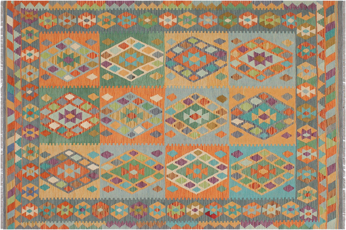 handmade Geometric Kilim Rust Blue Hand-Woven RECTANGLE 100% WOOL area rug 6 x 8