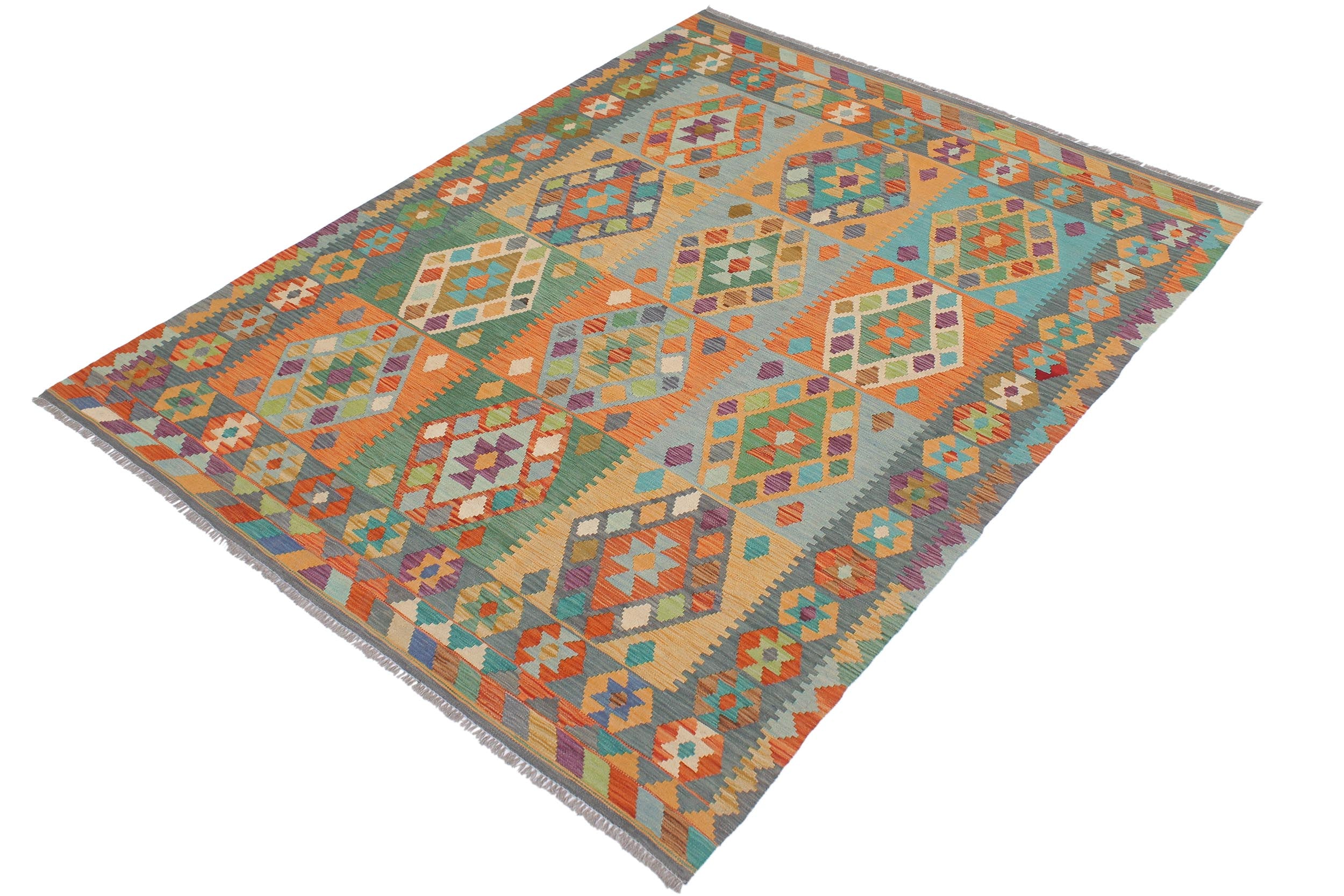 handmade Geometric Kilim Rust Blue Hand-Woven RECTANGLE 100% WOOL area rug 6 x 8