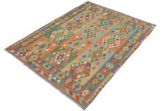 Flat Weave Kilim Antique Navaho Vintage handmade Geometric Kilim Rust Blue Hand-Woven Rectangle 100% Wool Area Rug 6x8 