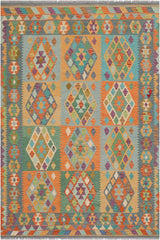 Flat Weave Kilim Antique Navaho Vintage handmade Geometric Kilim Rust Blue Hand-Woven Rectangle 100% Wool Area Rug 6x8 