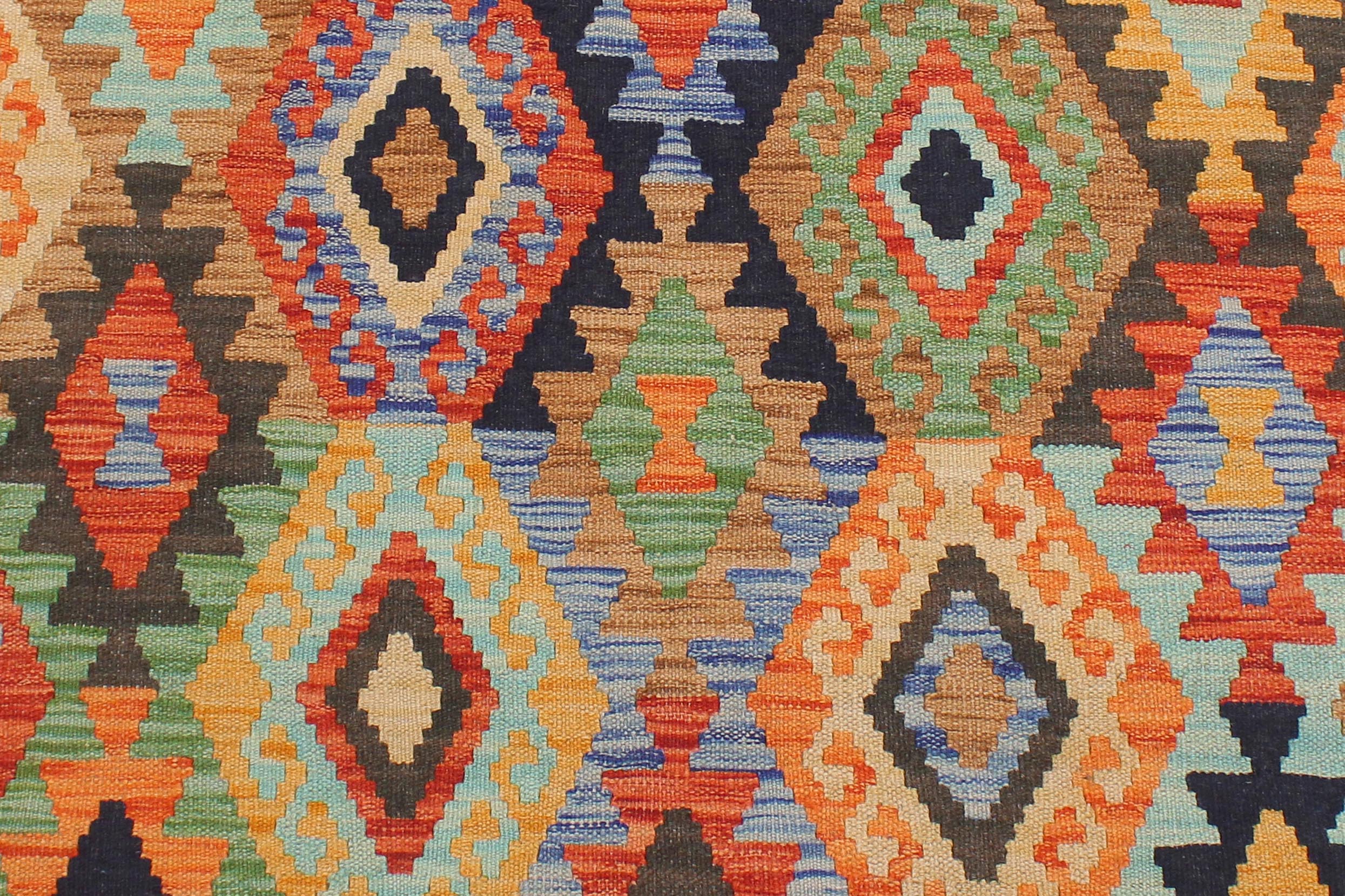 handmade Geometric Kilim Blue Rust Hand-Woven RECTANGLE 100% WOOL area rug 5x6