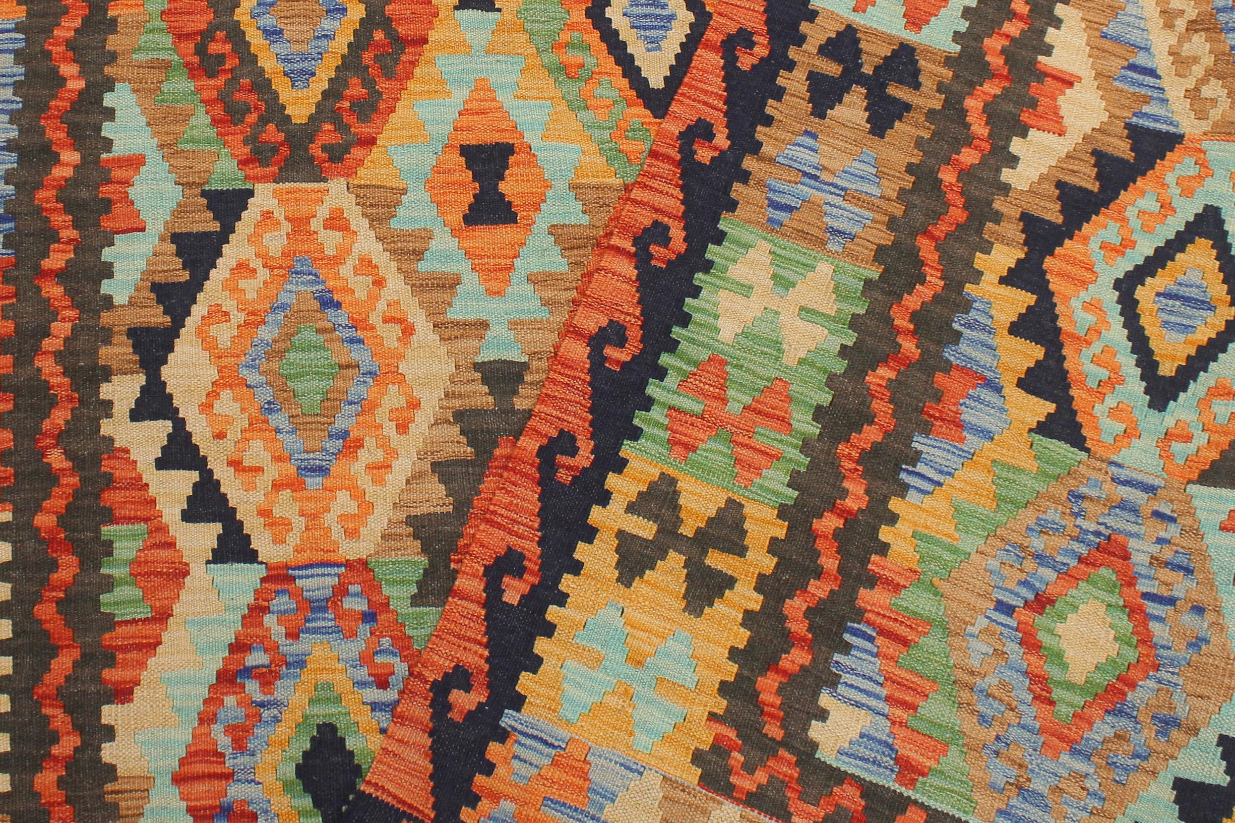 handmade Geometric Kilim Blue Rust Hand-Woven RECTANGLE 100% WOOL area rug 5x6