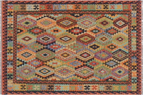 handmade Geometric Kilim Blue Rust Hand-Woven RECTANGLE 100% WOOL area rug 5x6