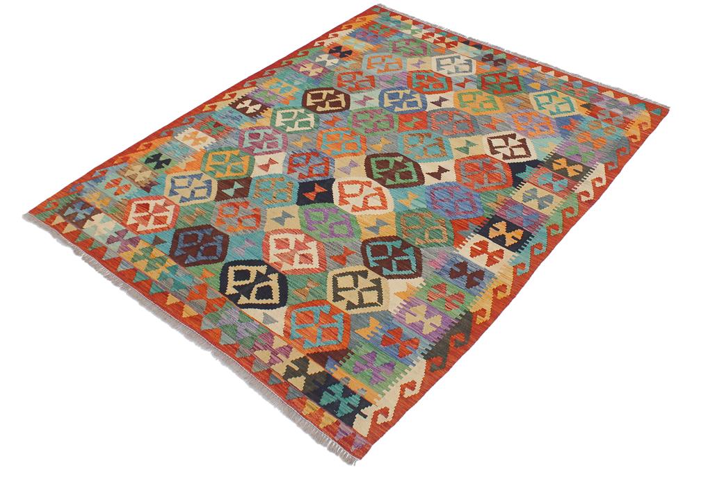 Flat Weave Kilim Antique Navaho Vintage handmade Geometric Kilim Blue Rust Hand-Woven Rectangle 100% Wool Area Rug 5x6 