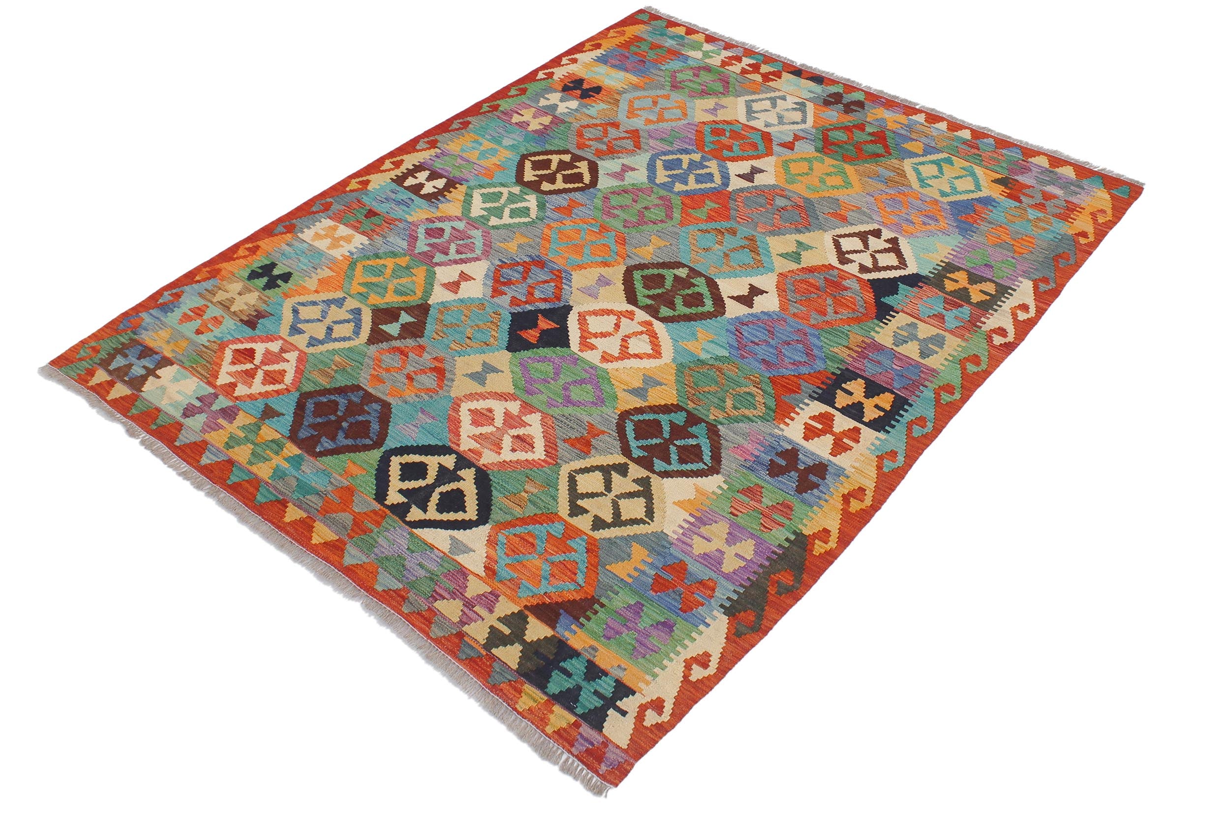 handmade Geometric Kilim Blue Rust Hand-Woven RECTANGLE 100% WOOL area rug 5x6
