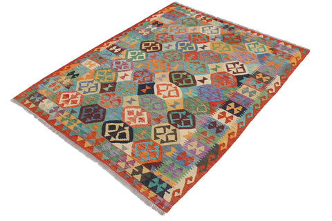 handmade Geometric Kilim Blue Rust Hand-Woven RECTANGLE 100% WOOL area rug 5x6