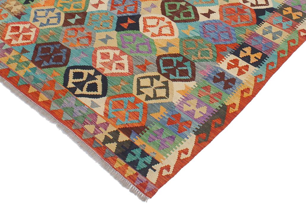 Flat Weave Kilim Antique Navaho Vintage handmade Geometric Kilim Blue Rust Hand-Woven Rectangle 100% Wool Area Rug 5x6 
