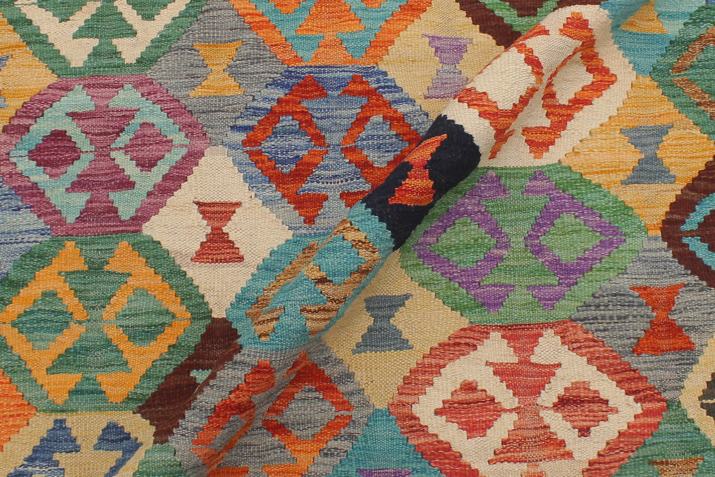 handmade Geometric Kilim Blue Rust Hand-Woven RECTANGLE 100% WOOL area rug 5x6