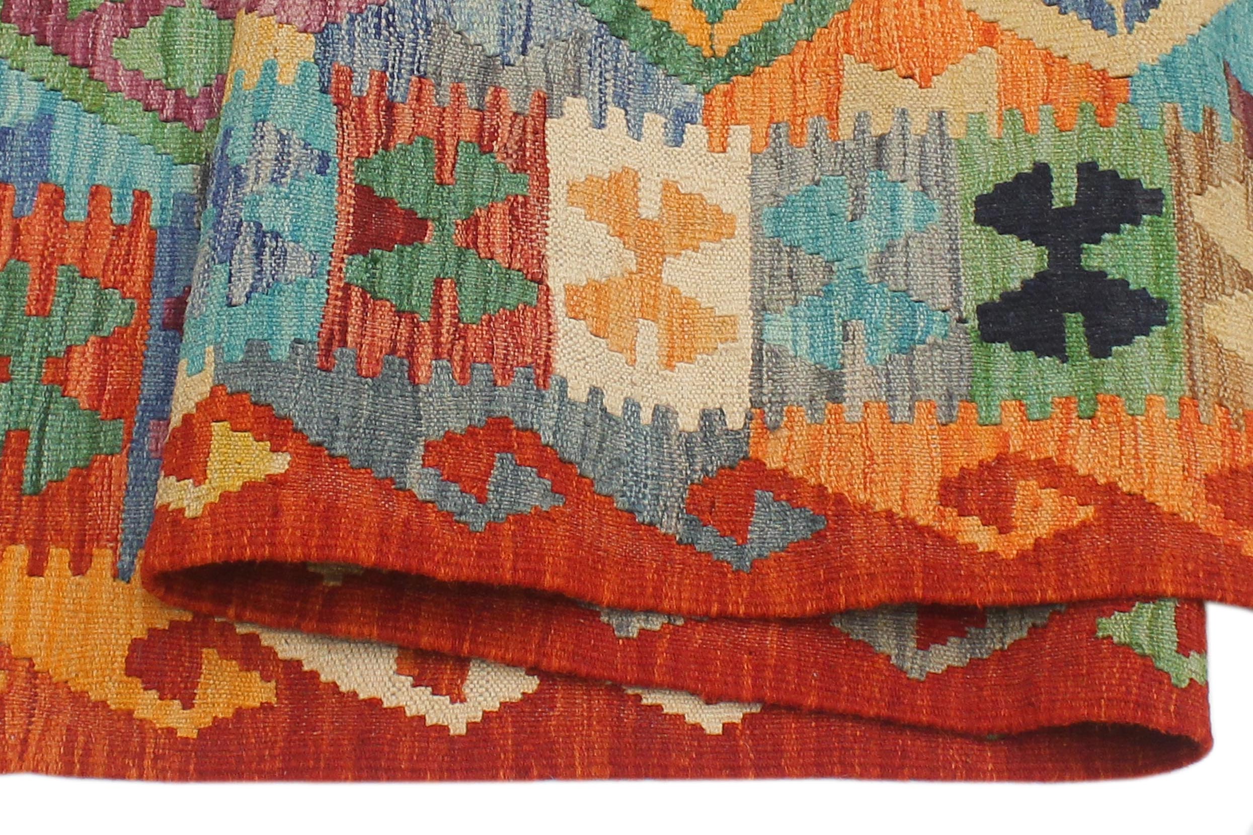 handmade Geometric Kilim Blue Rust Hand-Woven RECTANGLE 100% WOOL area rug 5x6